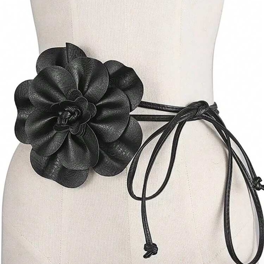 Black Floral Leather Wrap Belt - Women Accessories NEW - Picture 2 of 4